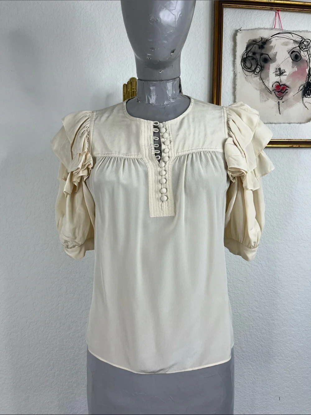 Ulla Johnson Nova Covered Button Yoke Ruffle Sleeve Silk Top Bone